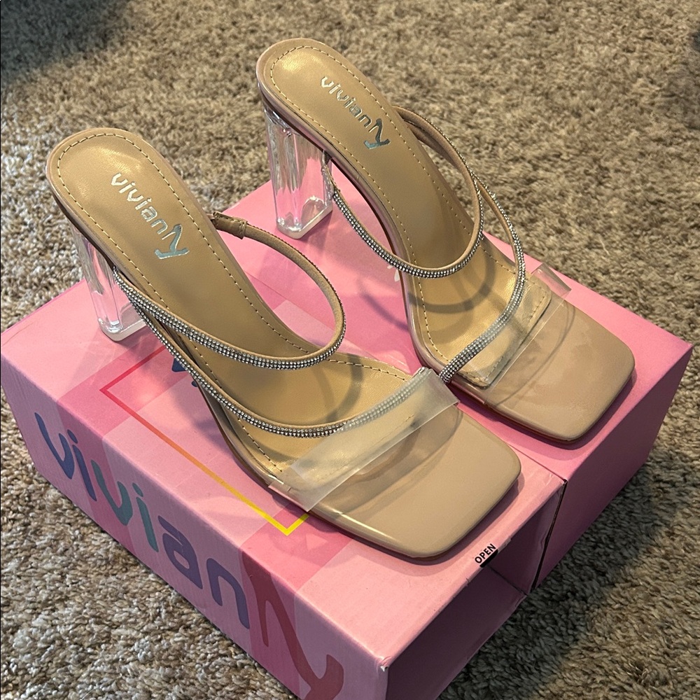 Vivianly Beige and Clear Strappy Heels